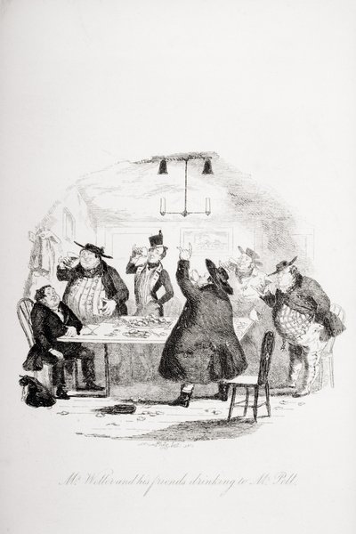 Mr. Weller and his friends drinking to Mr. Pell, illustration from 